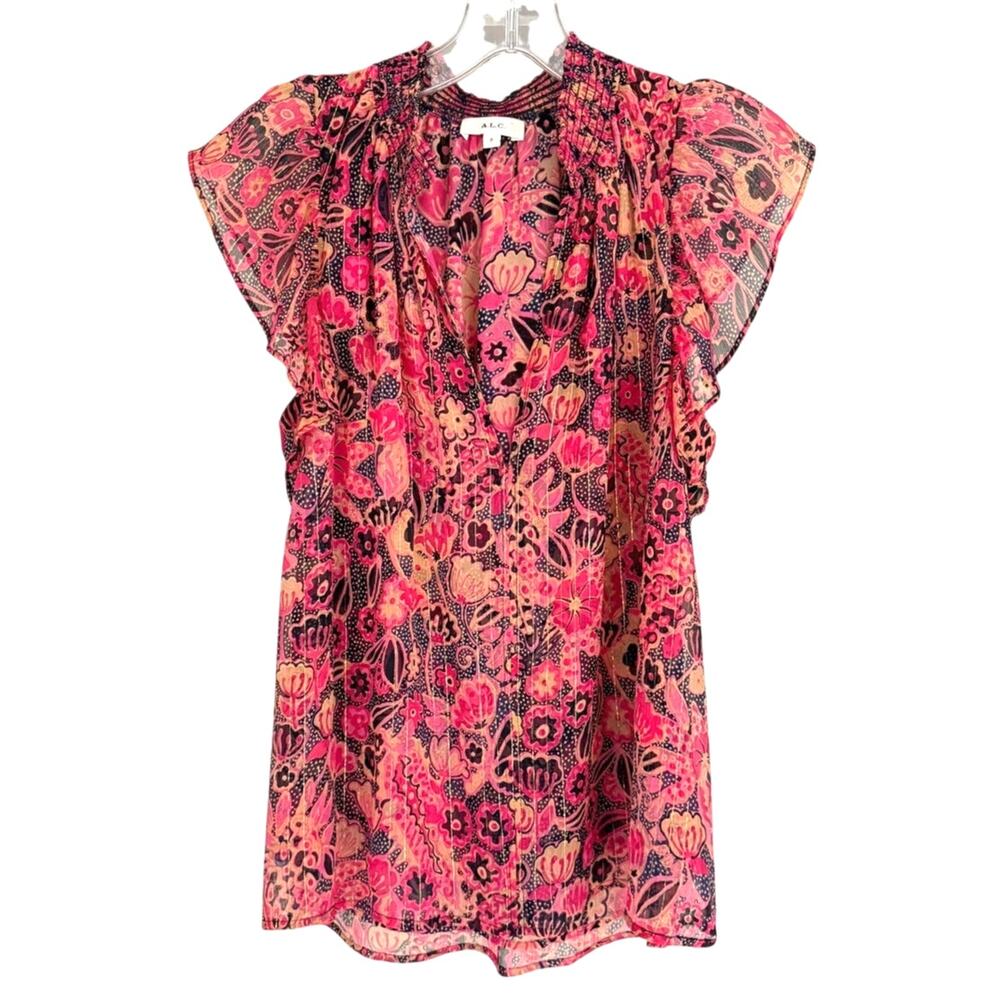 A.L.C. Hayley Silk Chiffon Floral Blouse Pink Flutter Sleeve Sheer Boho Top 0